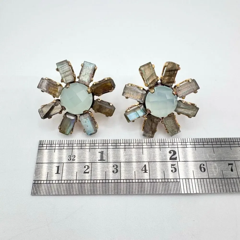 Labradorite Baguette Faceted Chalcedony 925 Sterling Silver Sunburst Earrings - Picture 11 of 14
